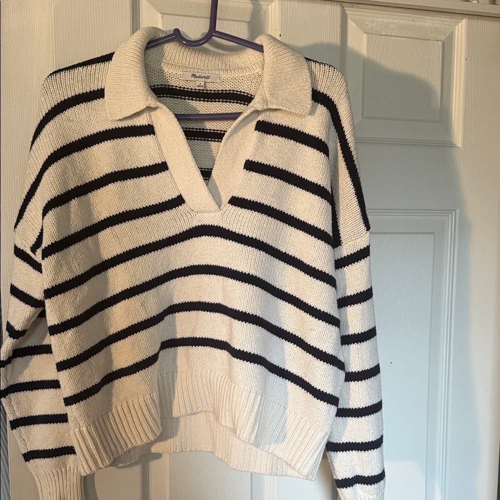 Madewell Black and Cream Striped V-Neck Sweater